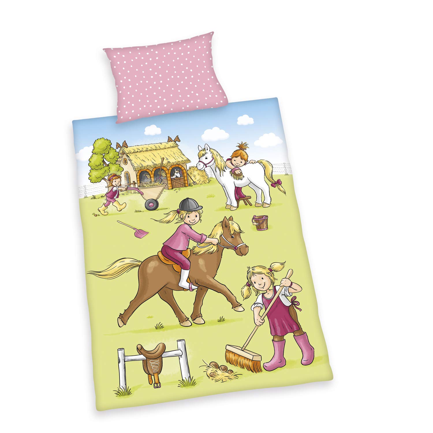 Herding Baby Pony Yard Bio-Bedding Set, GOTS-Certified, Reversible Motif, Pillow case 40 x 60 cm with Hotel Cover, Duvet cover 100 x 135 cm With button fastener, Cotton/Flannel