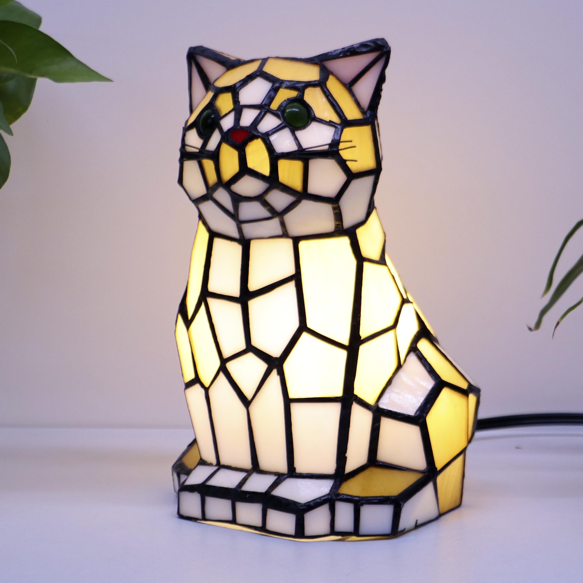 Photo 1 of SYLW Tiffany Cat Lamp Yellow and White Stained Glass Animal Table Lamp Accent Lamp
