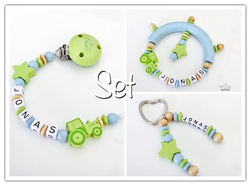 Schnullerkette mit Namen - Greifling mit Namen - Namensanhänger - Schlüsselanhänger - Set - Kleiner Prinz - Traktor - blau - 