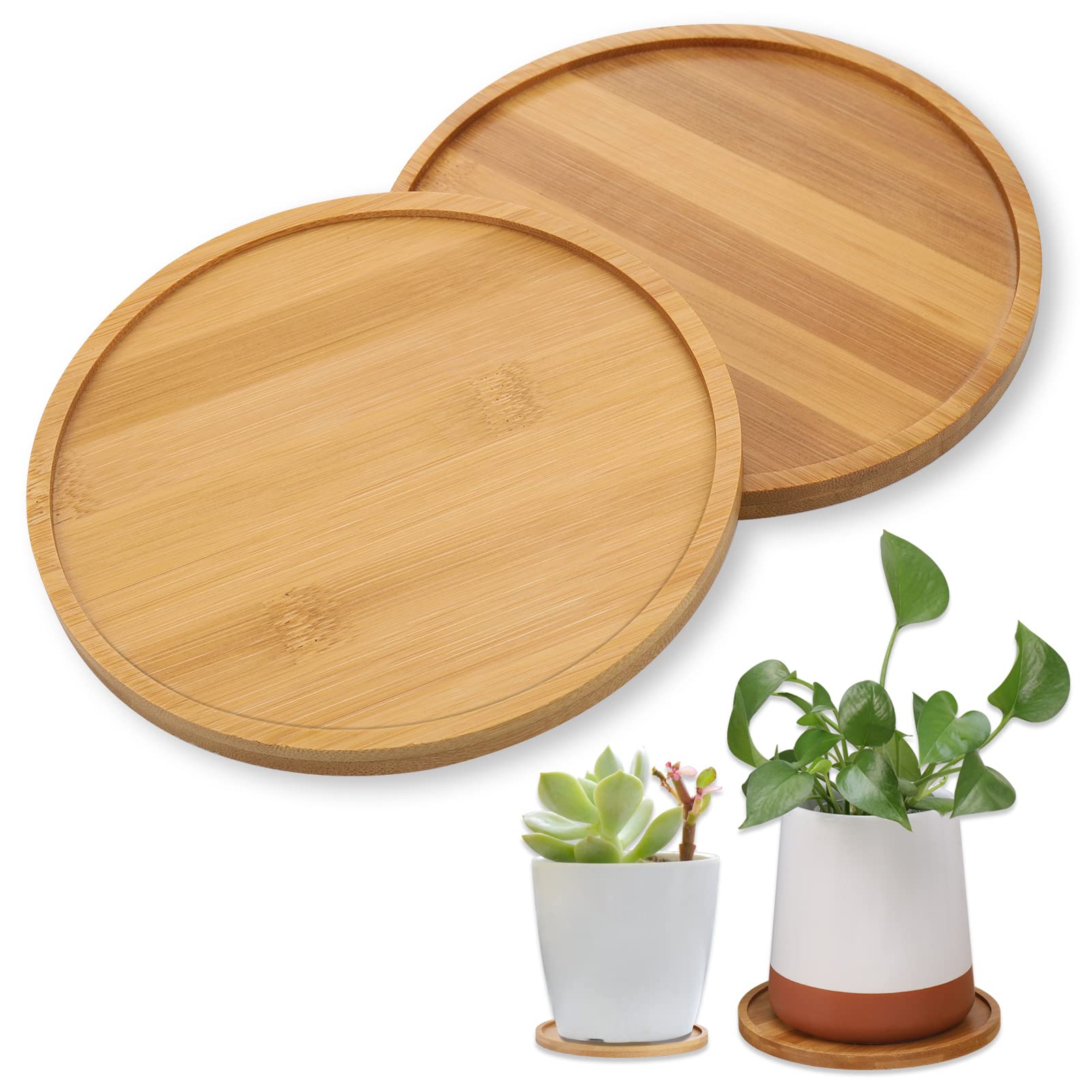 Zocipro 2Pcs Plant Pot Saucers, Round 15.5cm Bamboo Plant Tray, Pot Saucer for Plants, Flower Drip Tray for Indoors Outdoor Garden
