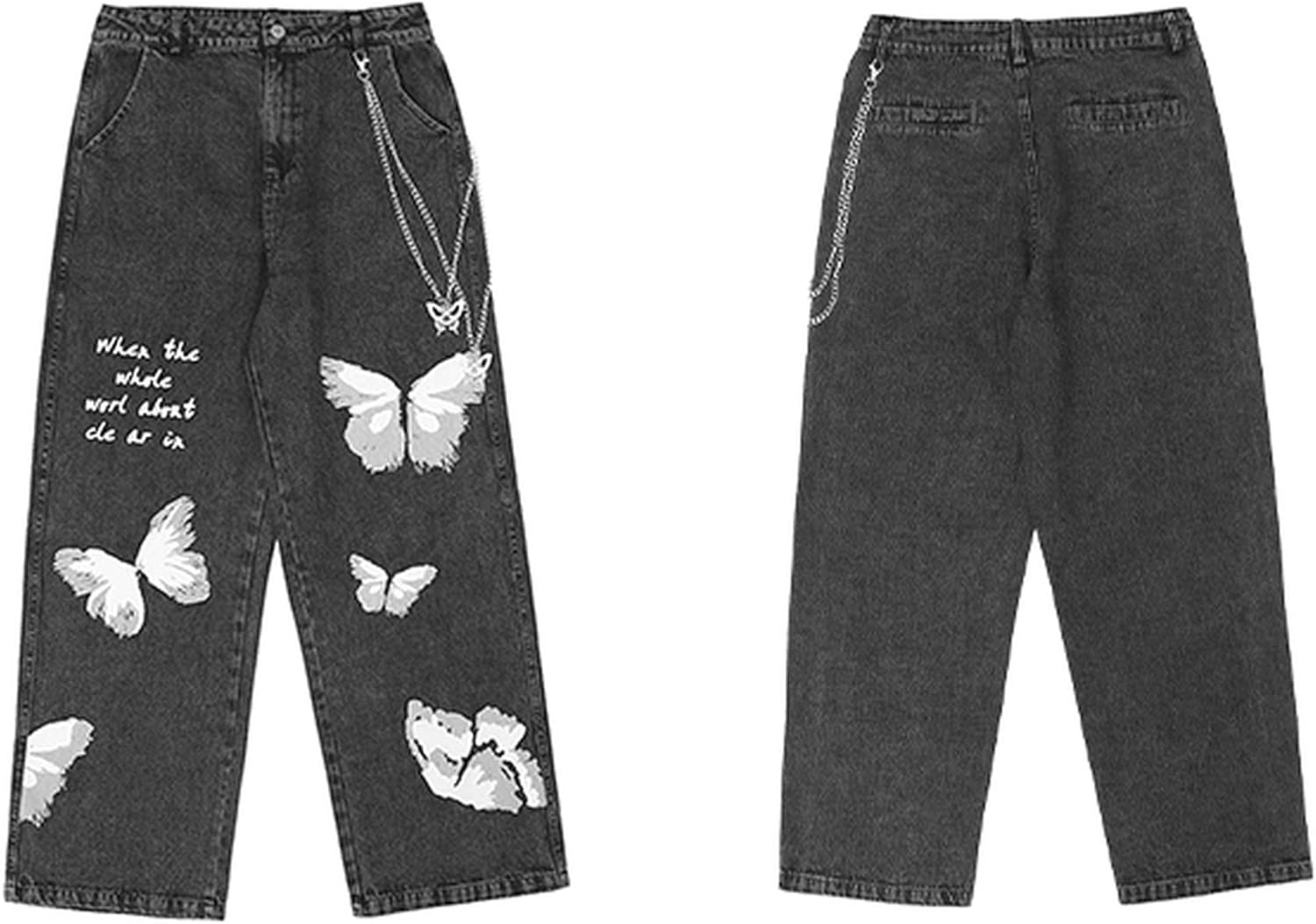 Hip Hop Butterfly Chain Print Jeans Straight Wide Leg Pants 2020