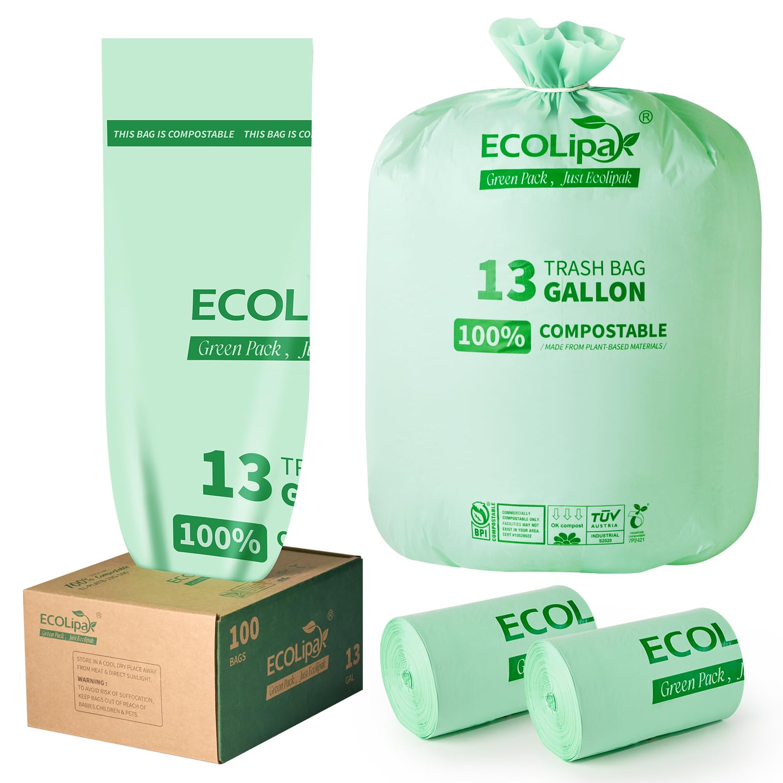 Photo 1 of ECOLipak 13 Gallon Compostable Trash Garbage Bags, 100 Count (2 Rolls) Biodegradable Heavy Duty Bathroom Kitchen Trash Bags for Home/Office, US BPI ASTM D6400 and OK Compost Home Certified