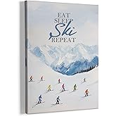 HIWX Winter Ski Wall Decor, Cozy Winter Skiing Framed Canvas Painting Wall Art Decor, Eat Sleep Ski Repeat Wall Art Home Decoration for Home Bedroom Living Room, 11x14