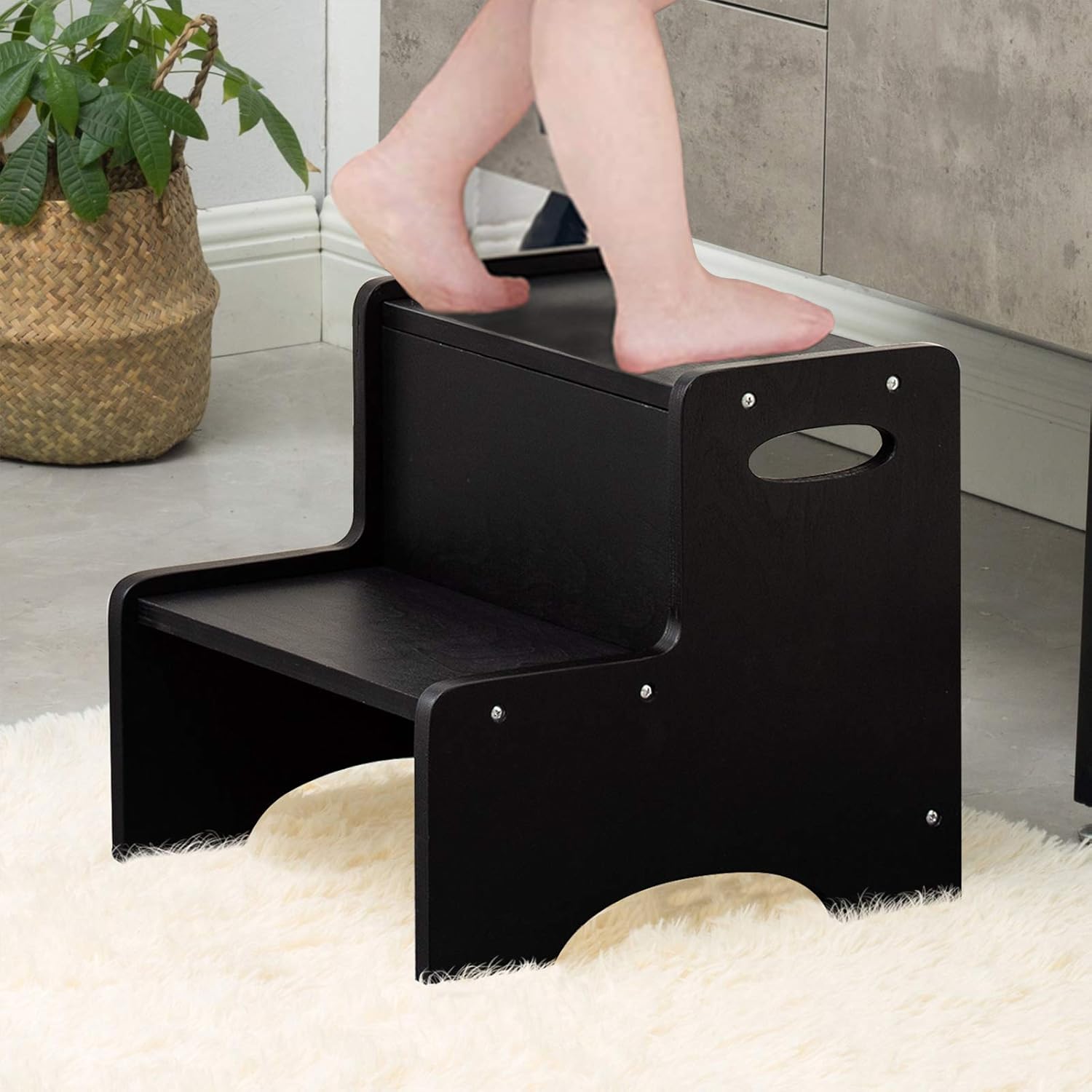 WOOD CITY Step Stool for Kids, Wooden Toddler Step Stool with Safety Non-Slip Mats and Handles, 2 Step Stool for Kitchen, Bathroom Sink & Potty Training - Black : Baby