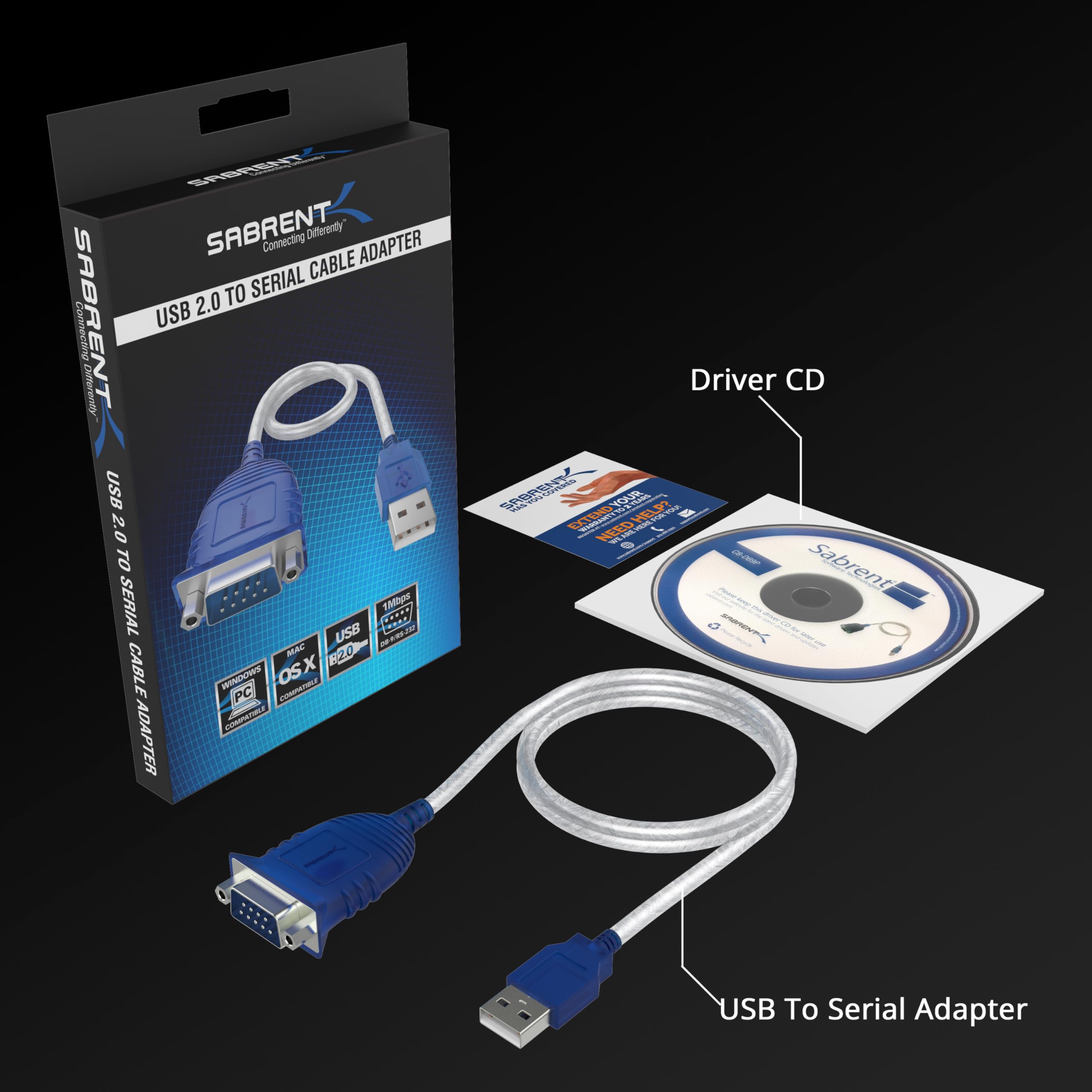 SABRENT USB 2.0 to Serial (9 Pin) DB 9 RS 232 Converter Cable, Prolific Chipset, HEXNUTS, [Windows 11/10/8.1/8/7/VISTA/XP, Mac OS X 10.6 and Above] 2.5 Feet (CB-DB9P)