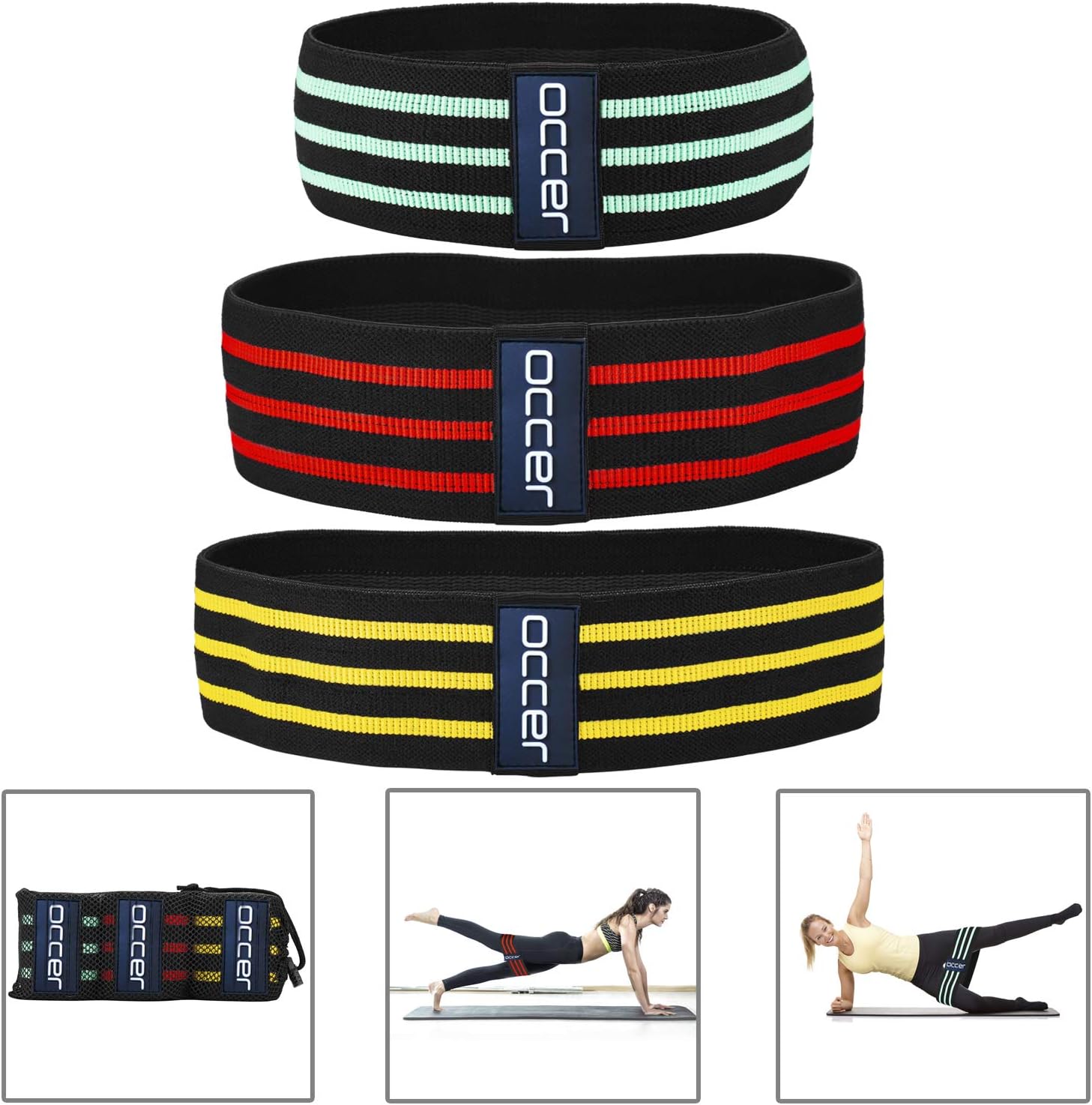 occer Fabric Resistance Bands - Set of 3 Non-Slip Fitness Exercise Band for Legs Hip - Thick Elastic Glute Workout Bands Suitable for Women and Men