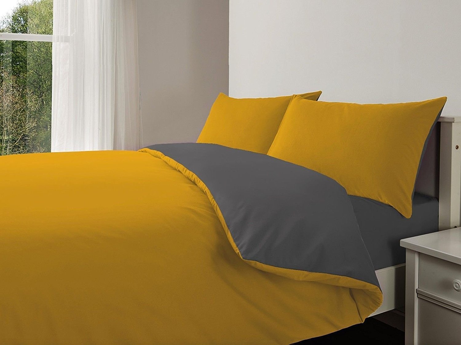 Style Your Bedroom With Mustard Grey Reversible Duvet Cover, Pillowcase and Fitted Sheet Bedding