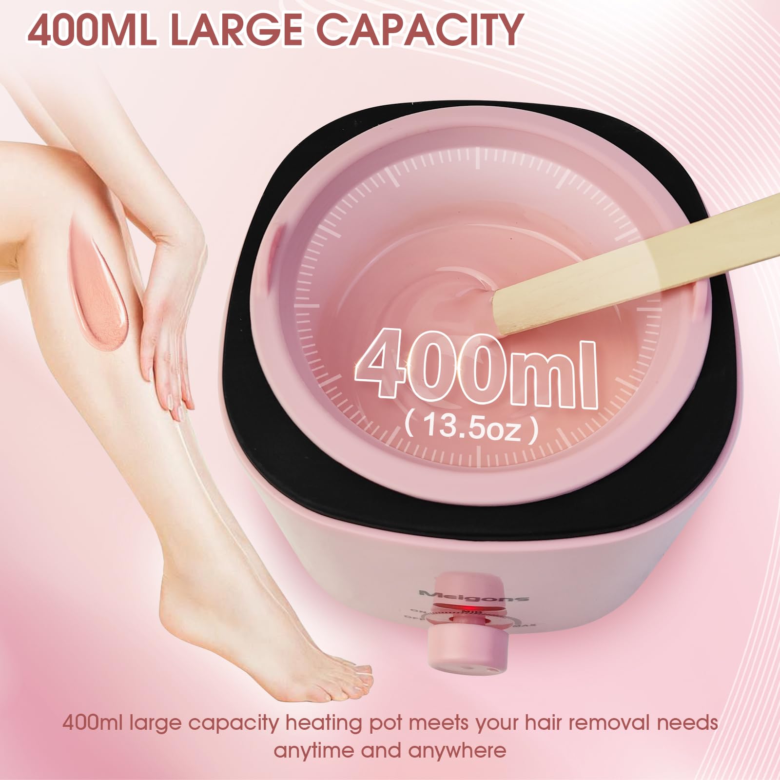 400ML Hair Removal Wax Warmer, Women Men Home Wax Heater with 20 Wax Sticks, 4 Bags of Wax Beans and 1 Silicone Bowl (Pink)