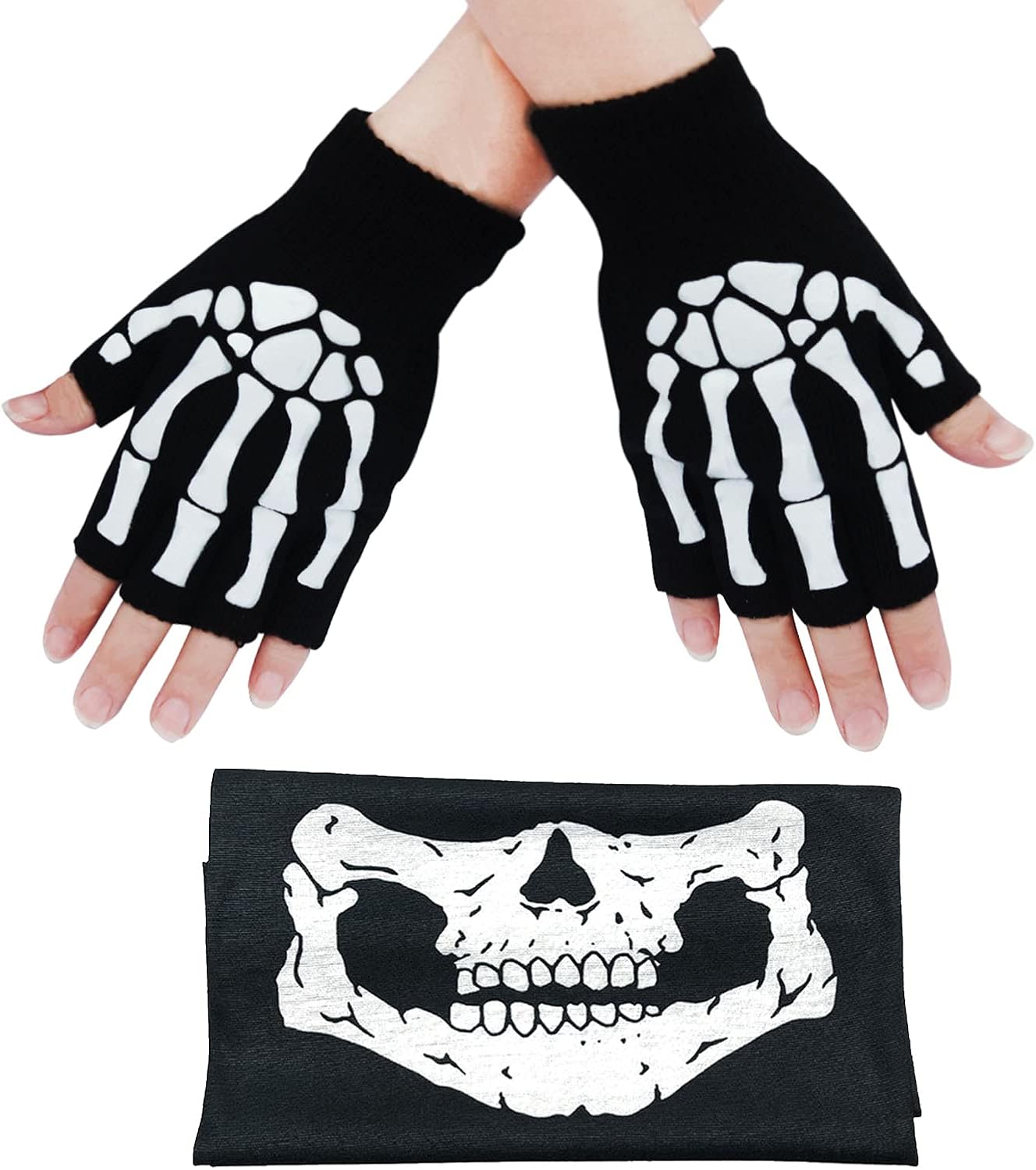 FFtto Skeleton Gloves Stretchy Fingerless Hand Warmer