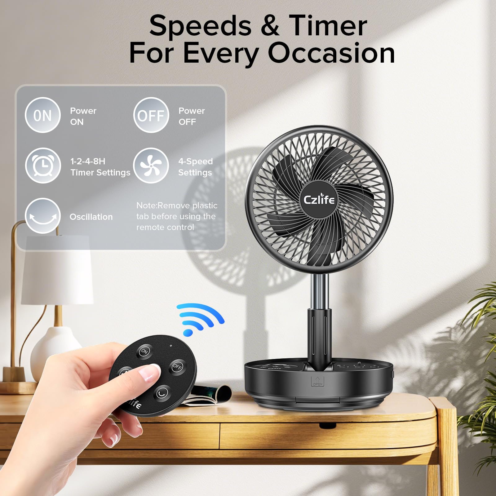 F9 Portable Fan, 10000mAh Rechargeable Battery Powered for Travel Sleeping Camping Bedroom Outdoor, Cordless Floor Desk Fan, Oscillating Folding USB Fan with Remote, 4 Speed, Timer, 7.7