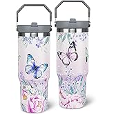 Butterfly Tumbler with Lid and Straw, Stainless Steel 30oz Tumbler with Handle, Butterflies Travel Coffee Mug Water Bottle, Butterfly Gift Cups for Women and Girls
