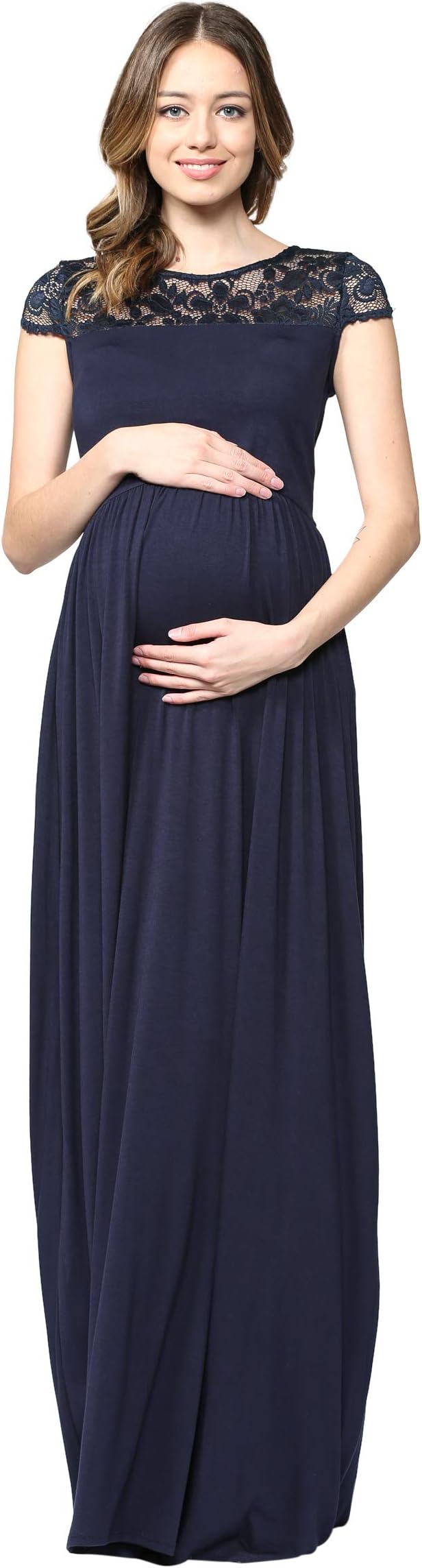 HELLO MIZ Women's Maxi Maternity Dress with Lace Yoke