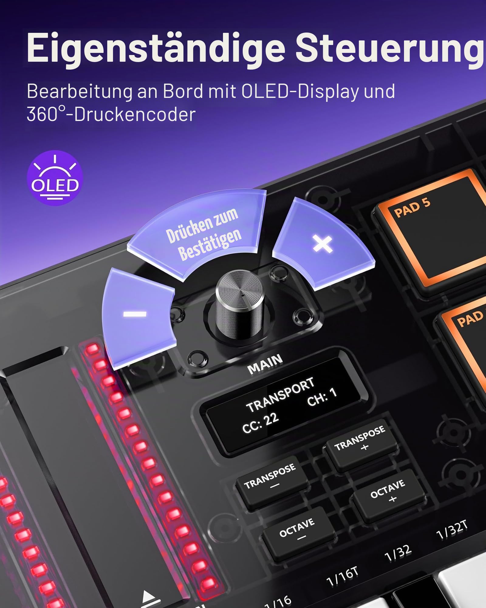 Synido TempoKEY K25 USB C MIDI Keyboard Controller Mit 25 Breiten Tasten, Tiefem Tastenhub Und Anschlagdynamischen Tasten, 8 RGB-Drum-Pads, OLED-Display, Transportsteuerung, Touch Streifen, Arpeggiato 3