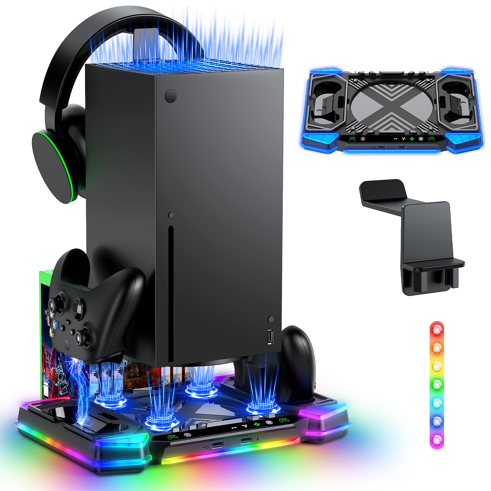 MENEEA Upgraded RGB Cooling Fan Stand for Xbox Series X with Controller Charger : Accessories for Xbox X Console, Dual Charging Dock & Cooler System Station,with 11 Light Modes & Headset Hook