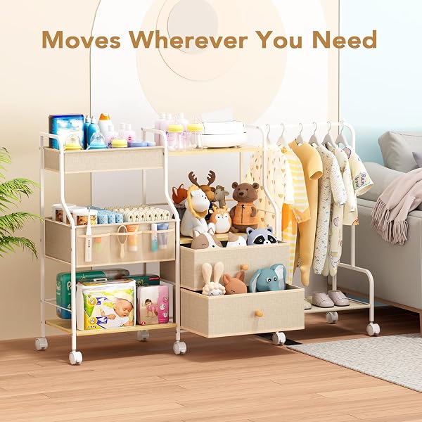 BBLIKE DIAPER CADDY ORGANIZER WITH HANGING RACK – 3 TIER ROLLING UTILITY CART WITH DRAWERS AND DIVIDERS FOR BABY BOTTLE STORAGE – BEDSIDE CART FOR CHANGING STATION, CRIB, NURSERY, BEDROOM, BEIGE