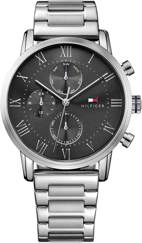Montre Multifonction à Quartz Analogique pour Homme 44mm - Cadran Gris, Bracelet en Acier Inoxydable Argenté, 3 sous-Cadrans, Résistance à l'eau 3ATM - 1791397