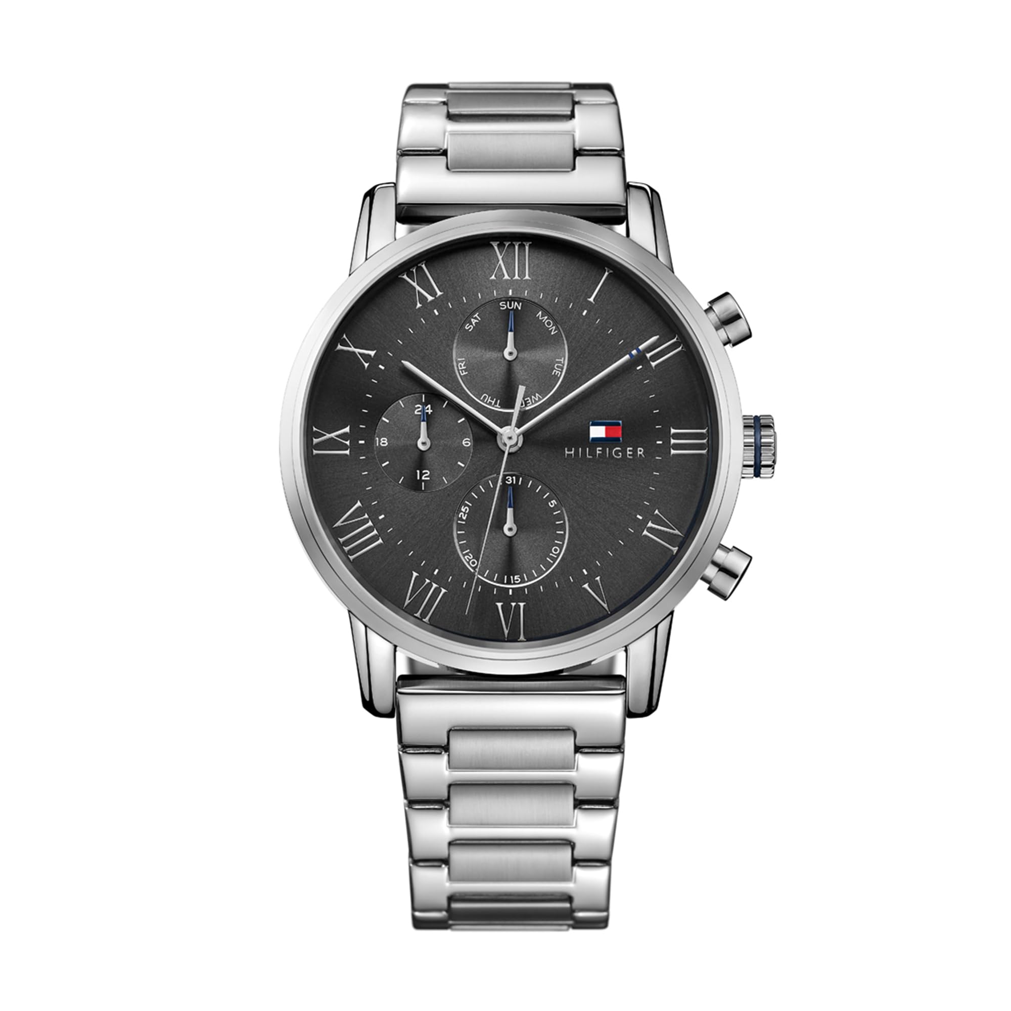 Tommy Hilfiger Men's 44mm Analogue Multifunction Quartz Watch - Grey Sunray Dial, Silver Stainless Steel Bracelet, 3 Sub-Dials, 3ATM Water Resistance - 1791397