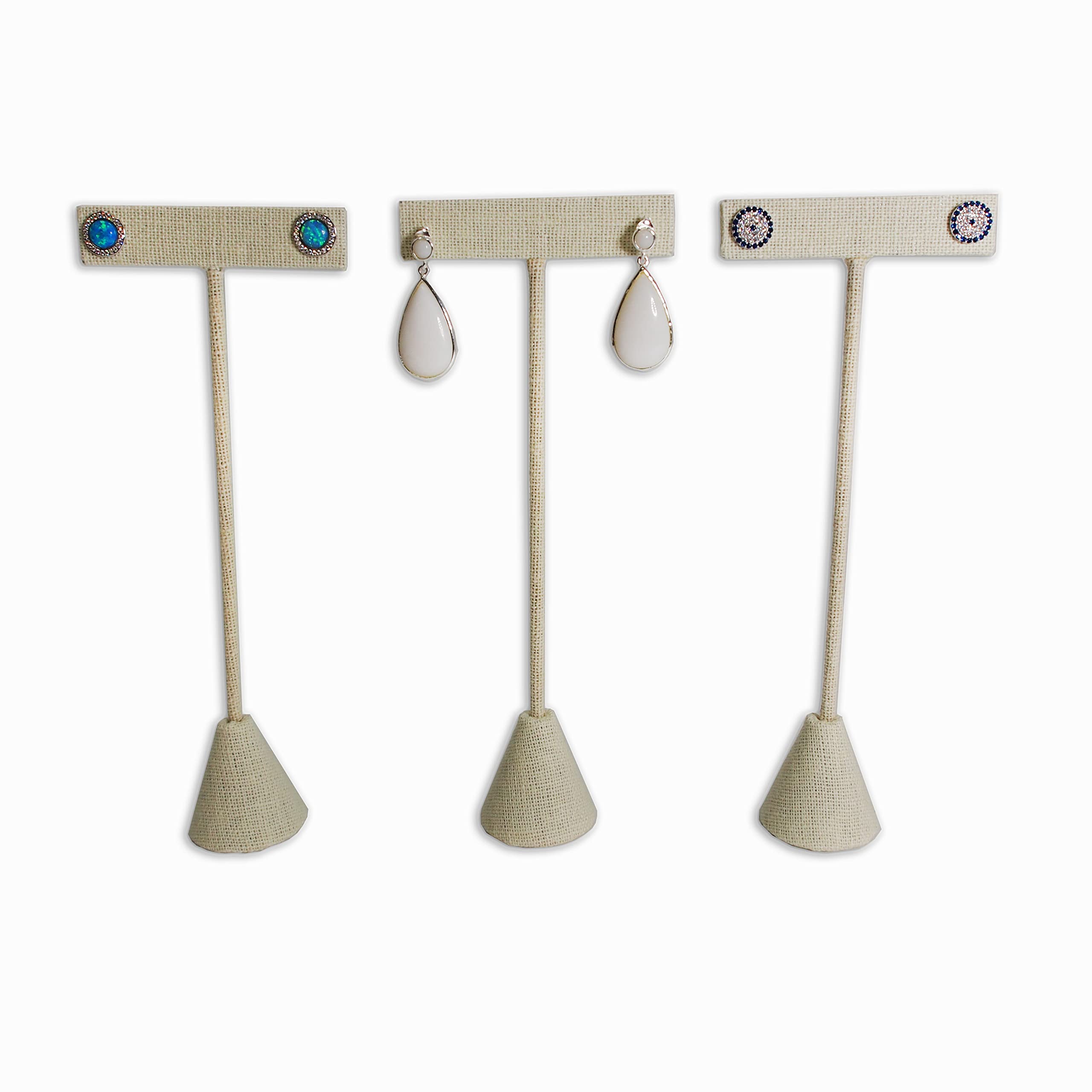 3 Beige Linen 6.75" Earring T Stand Display, T Shape Holder for Tradeshow, Home Business, Promotion, or just for Home.