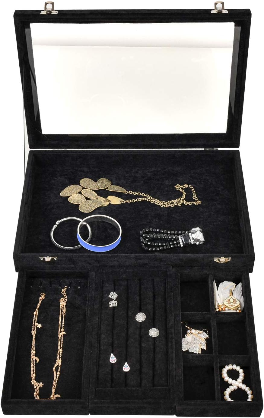VIEFIN Velvet Stackable Jewelry Tray with Lid, Earring Drawer Insert Display Show Case, Dresser Organizer for Ring Stud, Necklace Holder Storage Box Chest,Black 4 in 1(with lid): Home & Kitchen