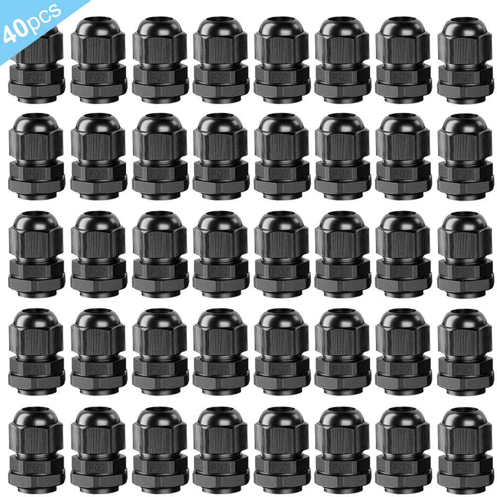 QitinDasen 40Pcs Premium Nylon PA66 PG7 Cable Gland, 3-6.5mm Adjustable IP68 Waterproof Cable Glands Joints, Black