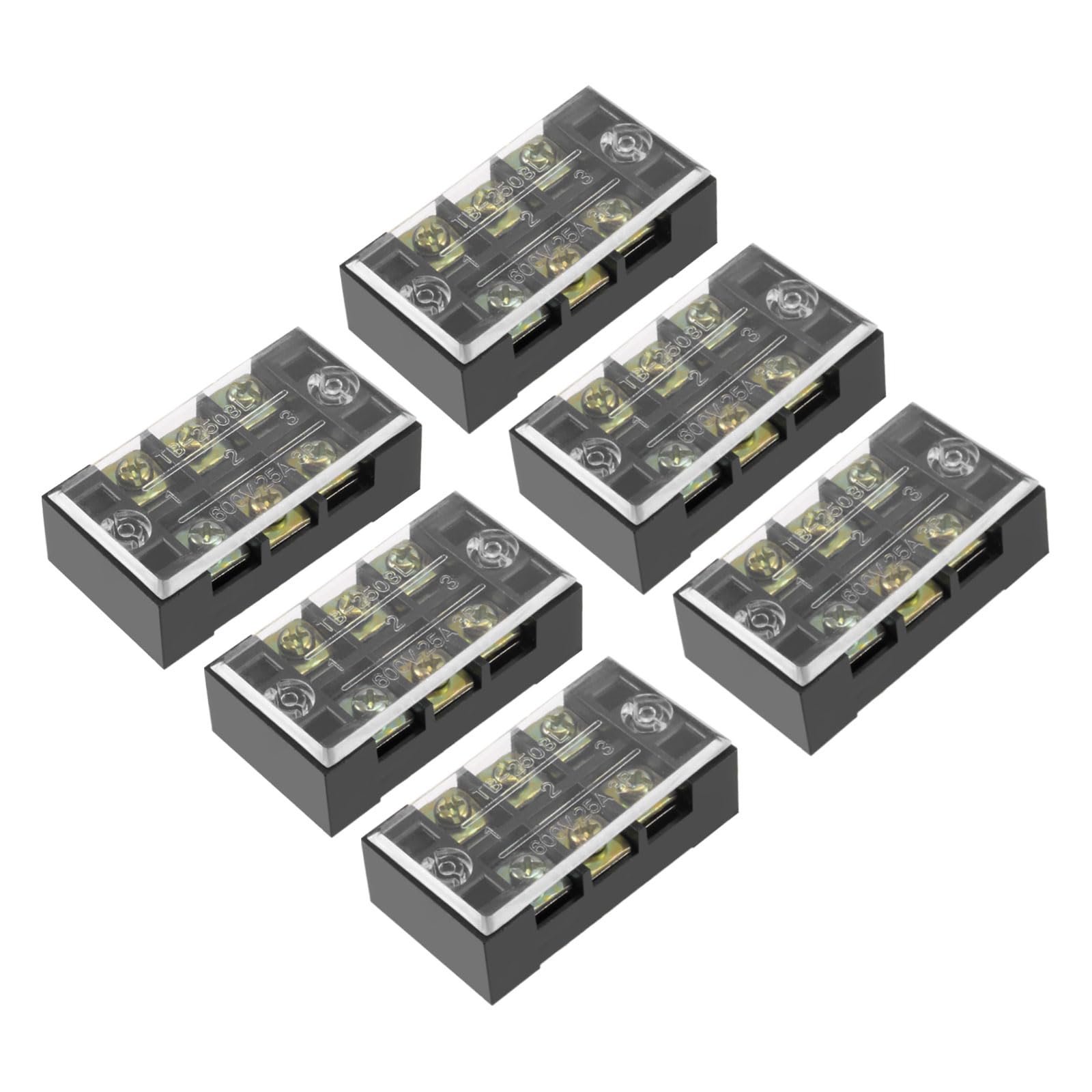 Rebower 3 Positions Dual Rows 600V 25A Terminal Strip Blocks Barrier Screws (with Cover), [for Wires Connecting, Electronic Circuits] - 6 Pack/TB-2503L