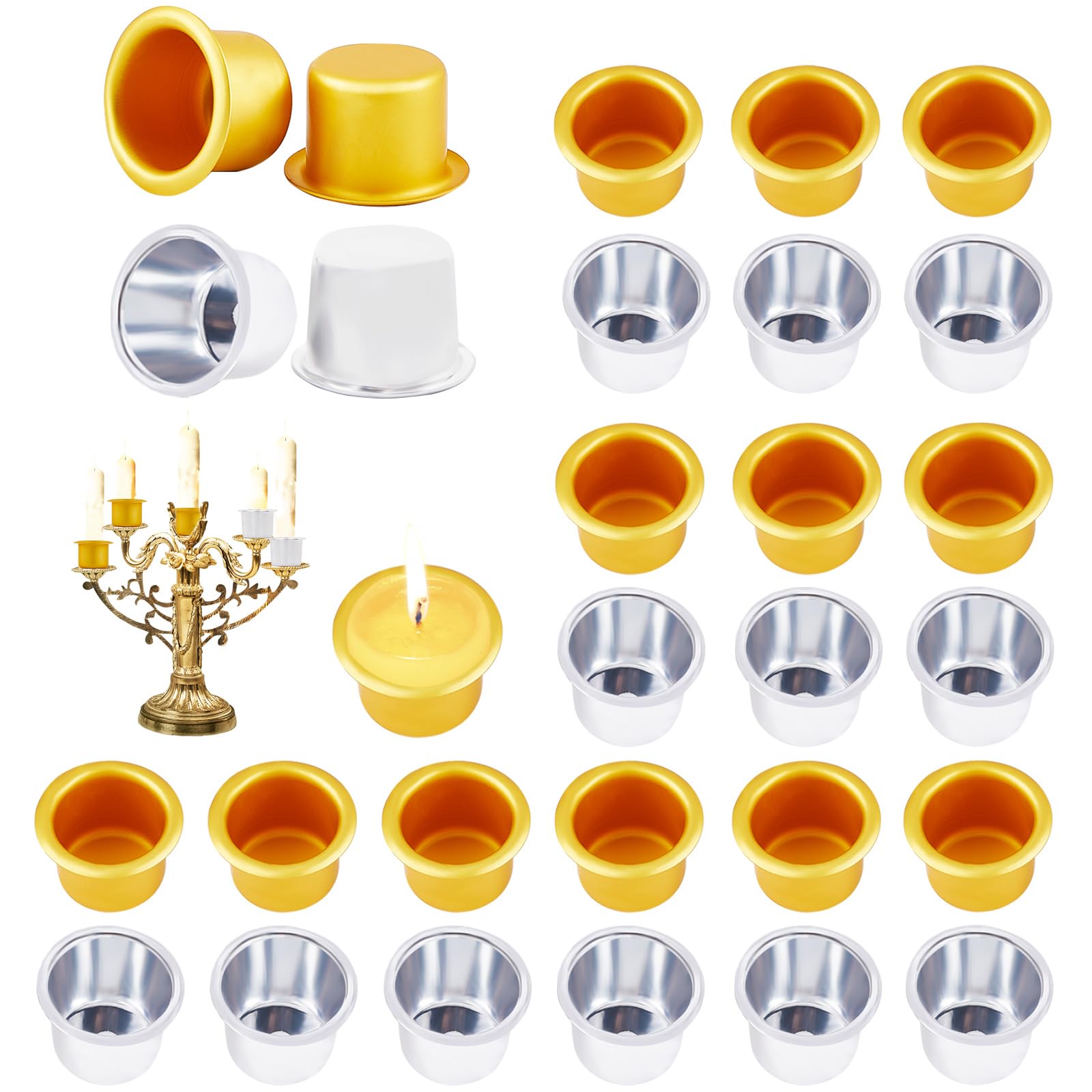 CRASPIRE Pack of 30Pcs 2 Color Candle Holders for Taper Candles Mini Metal Candle Cups Candlestick Holder Aluminium Candle Inserts Stand Decorative DIY Table Candles Tea Light Holder Silver Gold