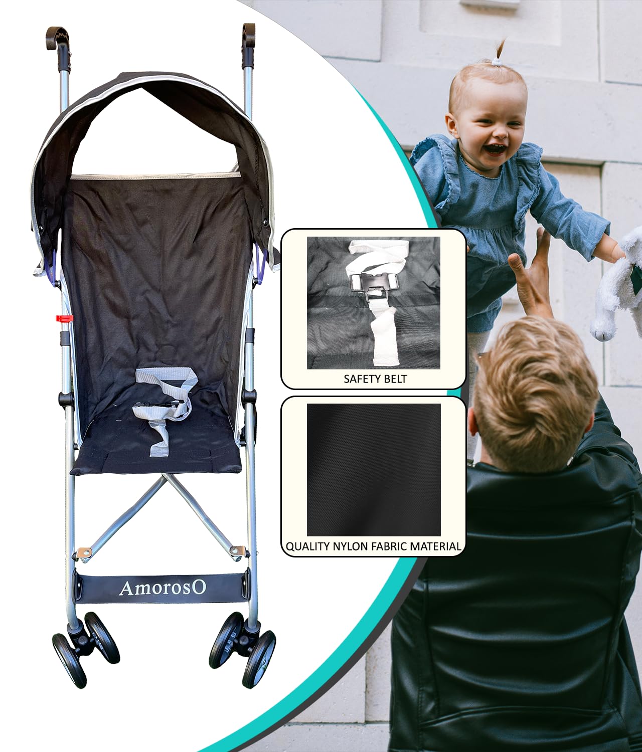 AmorosO Single Umbrella Stroller | Lightweight, Travel-Ready Stroller with EVA Wheels & Sun Protection | Black/White