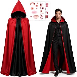 Mnwgjko Vampire Costume Accessories, Reversible Black Red Hooded Cape Cloak | Tattoo Scar Stickers, Dracula Cape for Men Wome