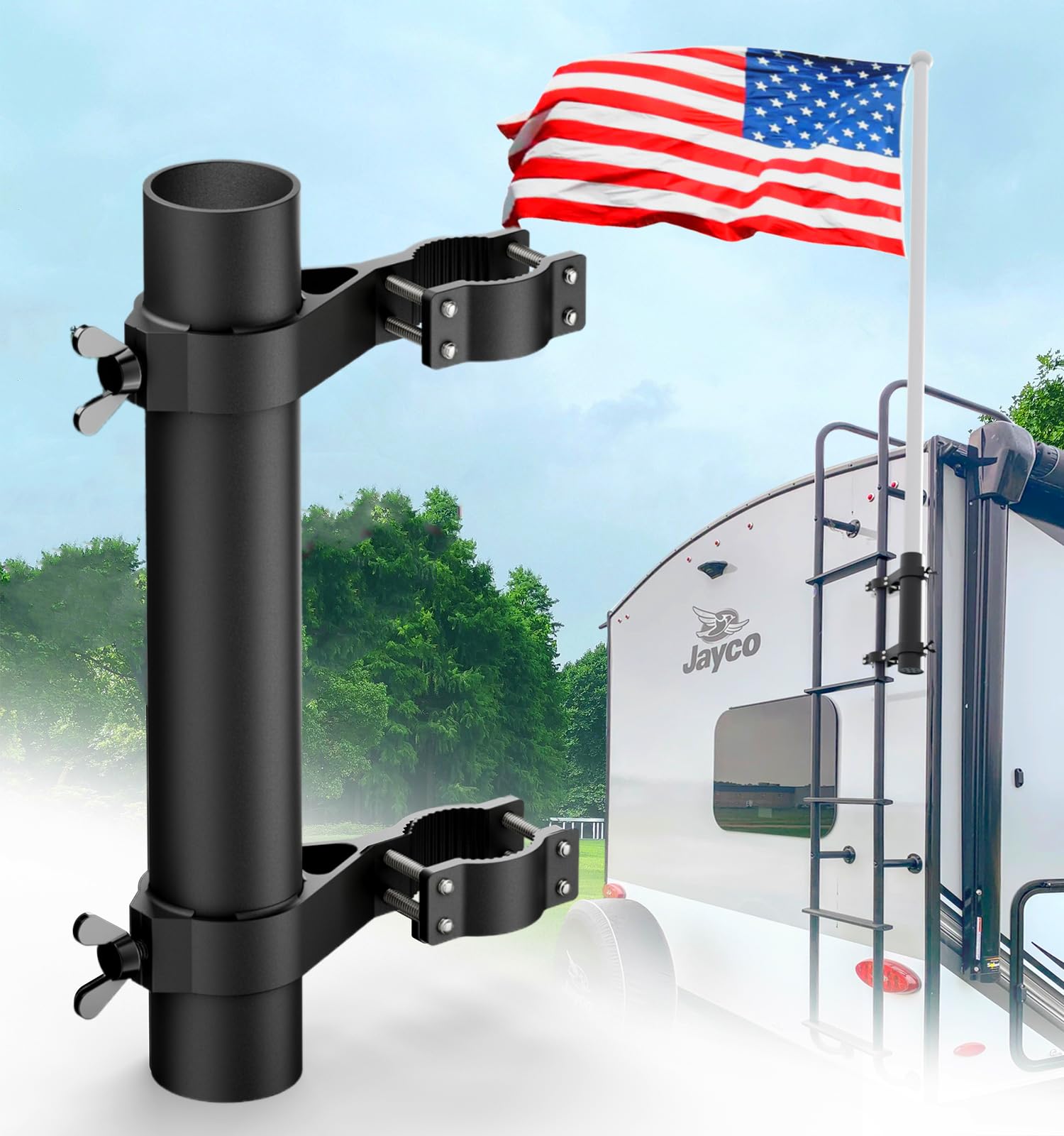 Photo 1 of RV Flag Pole Holder - Aluminum Ladder Mount Bracket for 1-1.75" Poles, Compatible with Camper/Trailer/Truck Rails up to 1.5" Motorhome Flagstuff Support
