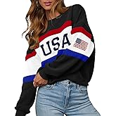 LEEDYA Womens USA Sweatshirt Crewneck American Flag Knit Sweater Long Sleeve 4th of july T shirts Loose Fit Pullover Top