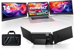 ZUMWALT Laptop Screen Extender, 14" Triple Portable Monitor for Laptop, 1080P FHD Screen Extender Monitors for 13"-16.5", Monitor Extender for MacOS/Windows/Chrome (Built-in Speakers)