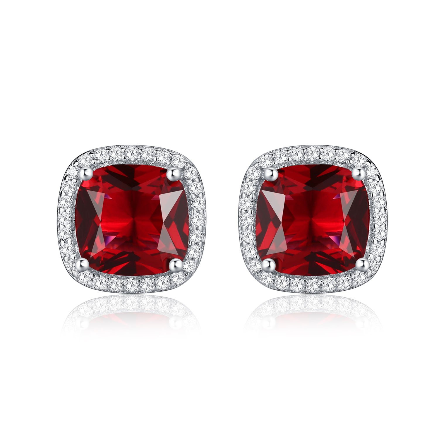 Diamond Treats 925 STERLING SILVER Halo Earrings with Simulated Sparkling Cushion Red Ruby & Shiny White Cubic Zirconia. The Silver Ruby Earrings are a Lovely Gift for Her.