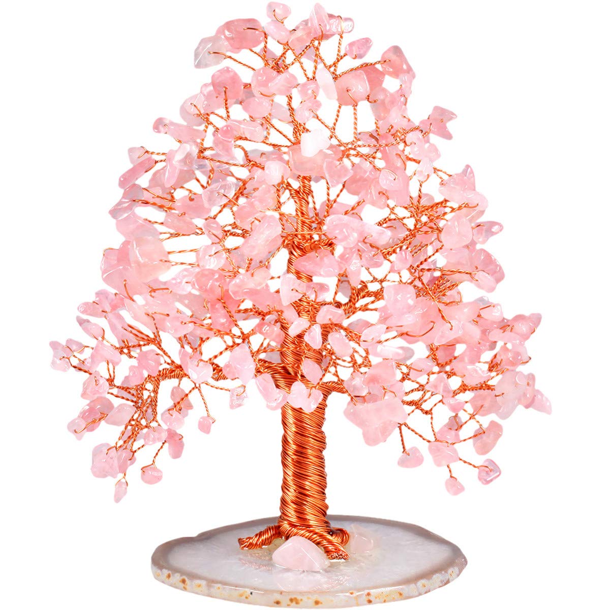 Nupuyai Rose Quartz Healing Crystal Money Tree for Home, Good Luck Office Decor Chip Stones Tree Fengshui Ornament Agate Slice Base with Gift Box