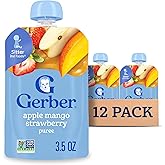Gerber Stage 2 Baby Food, Apple Mango Strawberry Puree Pouch, 2 Servings of Fruit, No Added Sweetener, No Artificial Colors or Flavors, 12-Pack
