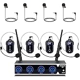 ZERFUN Rechargeable Wireless Microphone System 4 Channel Pro, UHF Metal Headset Lavalier Lapel Mics Cordless for Church Karaoke Singing with Volume Control, 4x50 Frequency(G8)