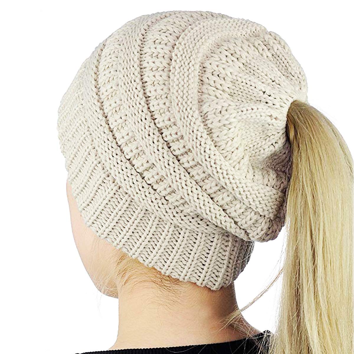 A-Rainbow Beige Winter Cable Knit Ponytail Beanie Soft Stretch Messy High Bun Hat Cap for Women