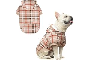 BEAUTYZOO Plaid Dog Hoodie -Dog Clothes for Small Medium Dogs, British Style Fleece Dog Sweater with Pocket and Leash Hole, Puppy Sweatshirt Pullover Cozy Warm Pet Outfit French Bulldog Coats, Beige