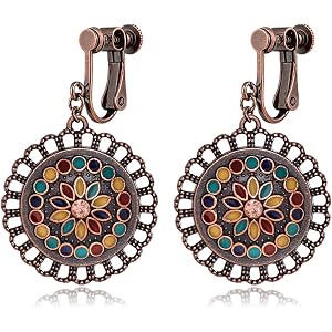 MALOYANVE Bohemian Bronze Tribal Clip on Earrings for Women Dainty Chic Vintage Round Circle Geometry Dangle Drop Earrings Un