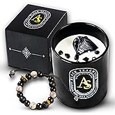 Scented Candle for Men with Luxurious Obsidian Bracelet, Teakwood for Home Scented, Hand-Poured Natural Soy Wax, Stress Relief Masculine Gift for Men, Dad, Boyrfriend, Powerful Manifestation Crystals