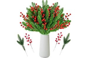 mogenda 40PCS Artificial Pine Branches Red Holly Berry Stems Christmas Greenery Picks for Winter Holiday Home Decor DIY Craft Xmas Tree Wreath Decorations