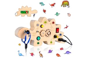 OCHINE Montessori Toddler Busy Board for 1+ Year Old, Dinosaur Busy Board with LED Light, Travel Toys Preschool Learning Activities, Wooden Busy Board for 1 2 3 4+ Baby Boys Girls Christmas Birthday