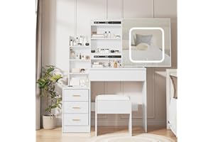 Vanity Desk with Sliding LED Mirror, Makeup Dressing Table with 4 Drawer, Storage Shelve, Power Outlet, Cushioned Stool, Adju