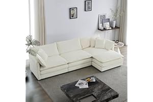 KIVENJAJA Chenille L-shaped Modular Sectional Sofa, 3-Seater Comfy Cloud Couch with Ottoman/Chaise & 5 Pillows for Living Room Bedroom Office Apartment, 111.5”W, Beige