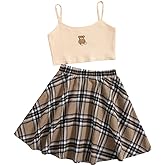 WDIRARA Girl's 2 Piece Cute Outfits Cartoon Print Cami Top and Plaid Skirt Set