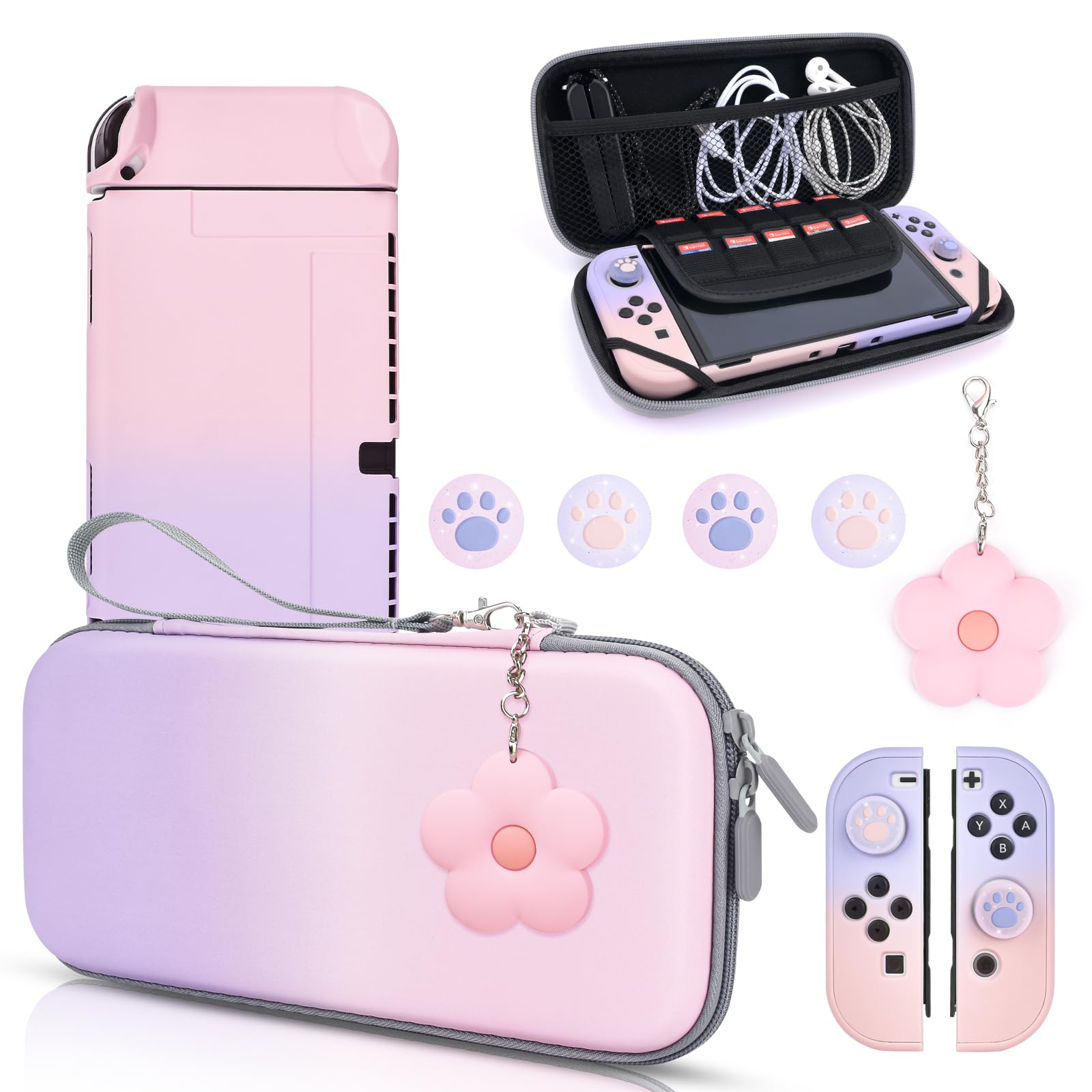 Photo 1 of DLseego Pink & Purple Switch OLED Case Gradient Carrying Case with 10 Slots Cute Protective Dockable Hard Shell with 4PCS Glitter Cat Paw Thumb Grips Caps and 1PC Flower Blossom Chain for Switch 2021