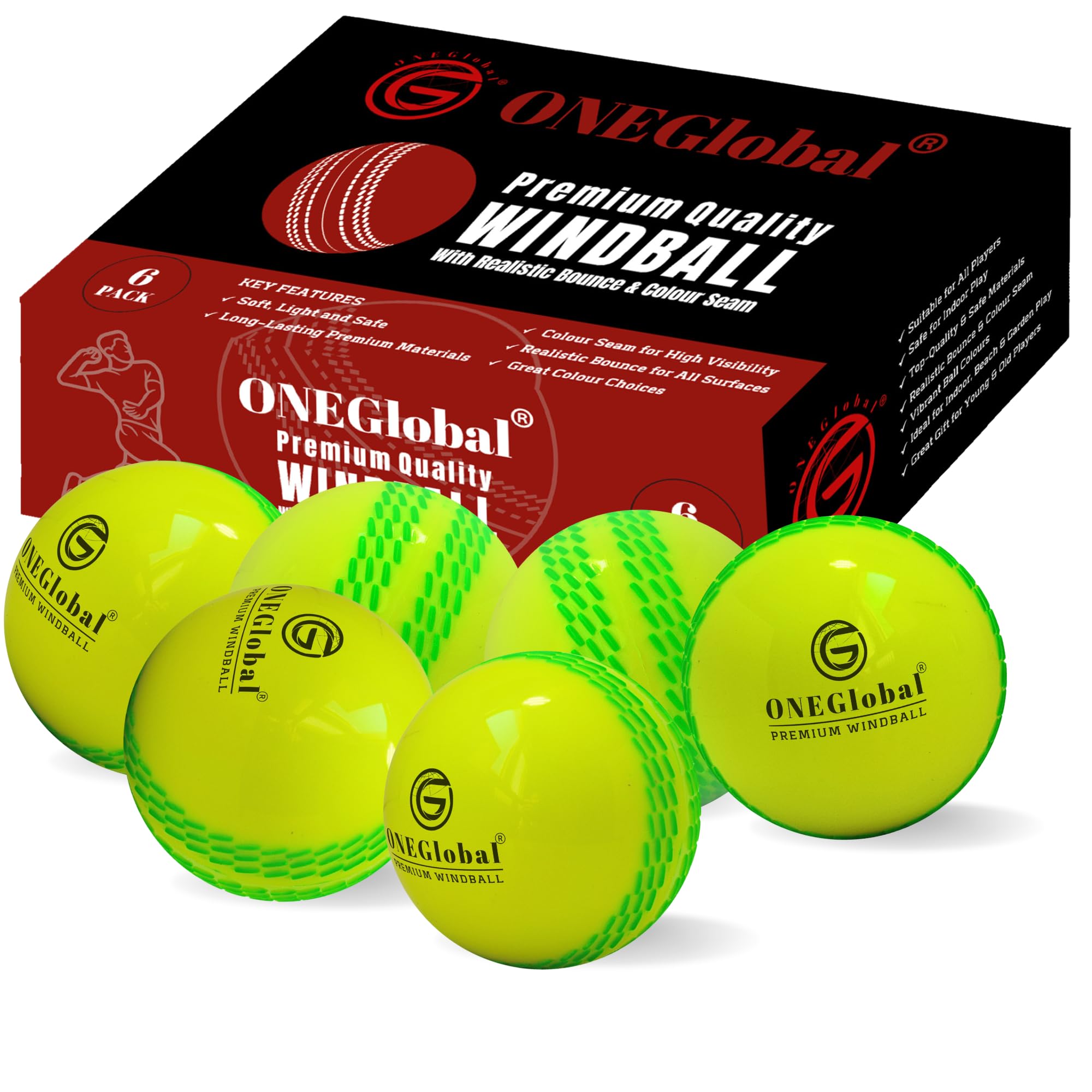 ONEGlobal Premium Windball Soft Cricket Ball | Durable & Safe, Colour Seam, True Bounce & Swing | Wind Ball for Outdoor & Indoor Practice, Coaching, Garden & Beach Games (6-Fluoro Yellow)