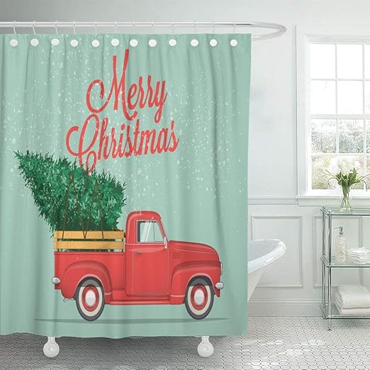 Red Truck With Xmas Tree Bathroom Fabric Shower Curtain & 12 Hooks 71*