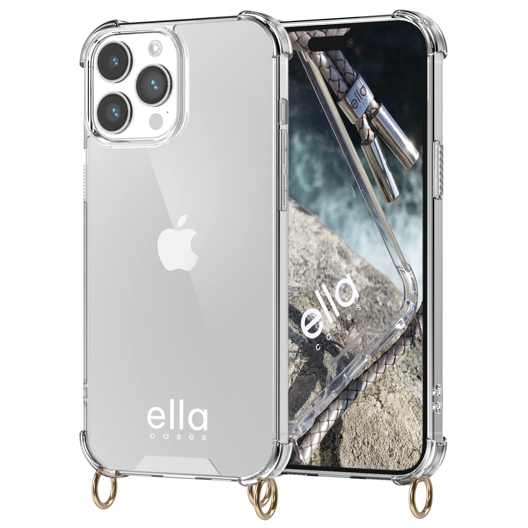 ella cases Mobile Phone Case with Eyelets for iPhone 15 Pro Max Transparent with Rings for Mobile Phone Chain in Gold Individually without Chain for Hanging Modular with Cord, Cord or Strap