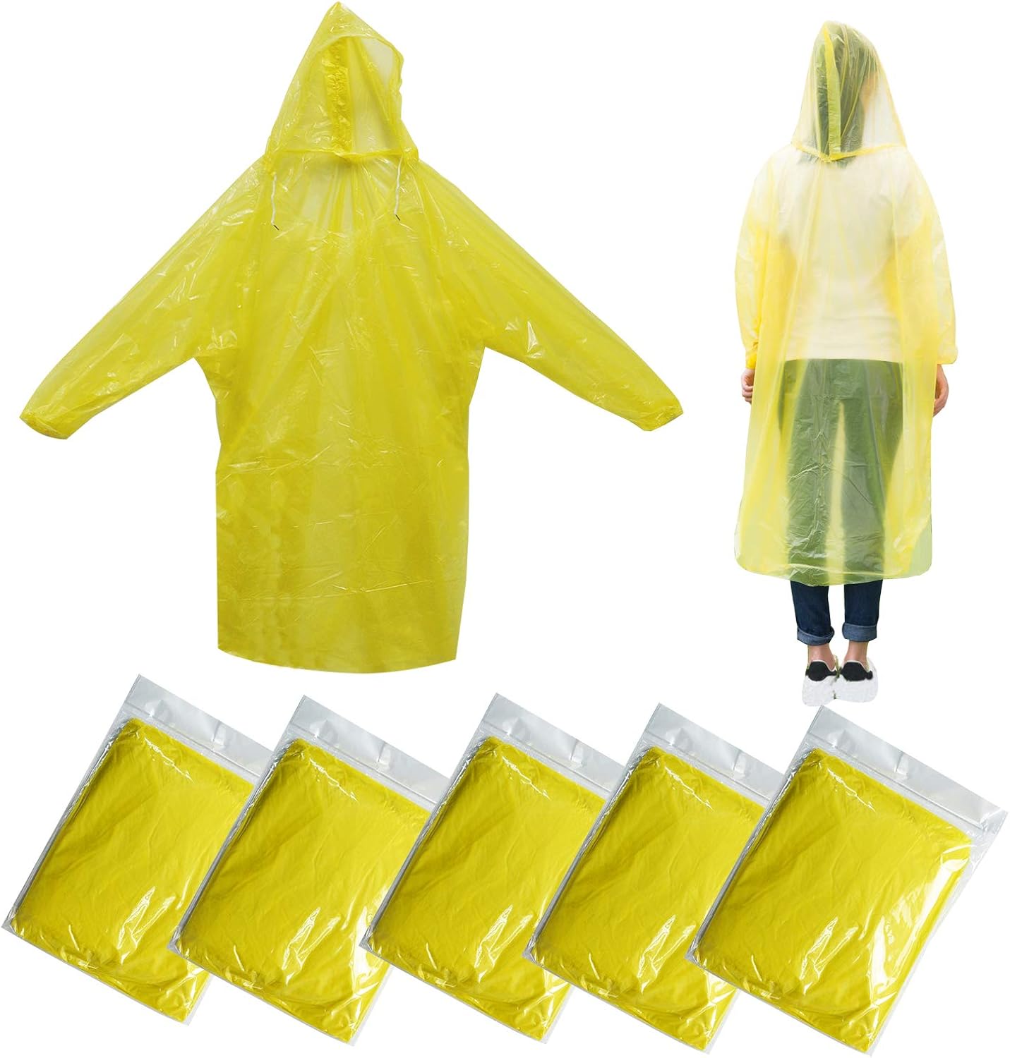 FIVEI 5 PACK Rain Ponchos Adult Disposable Emergency Rain Coat