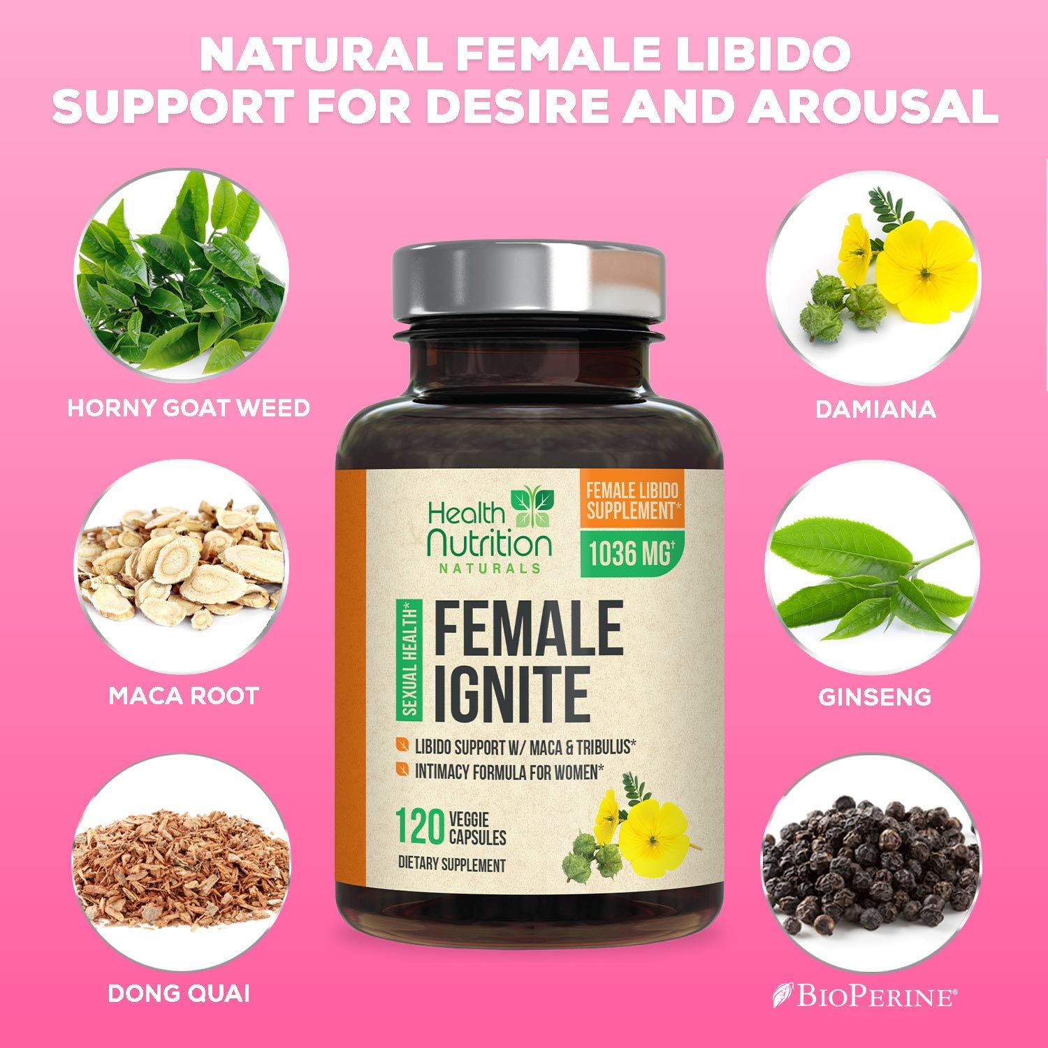 Female Libido Supplement with Maca, Tribulus & Horny Goat Weed 1000mg for Excitement, Desire & Energy Vitamins for Women - B12, Red Panax Ginseng, Dong Quai & Gingko - 120 Capsules: Health & Personal Care